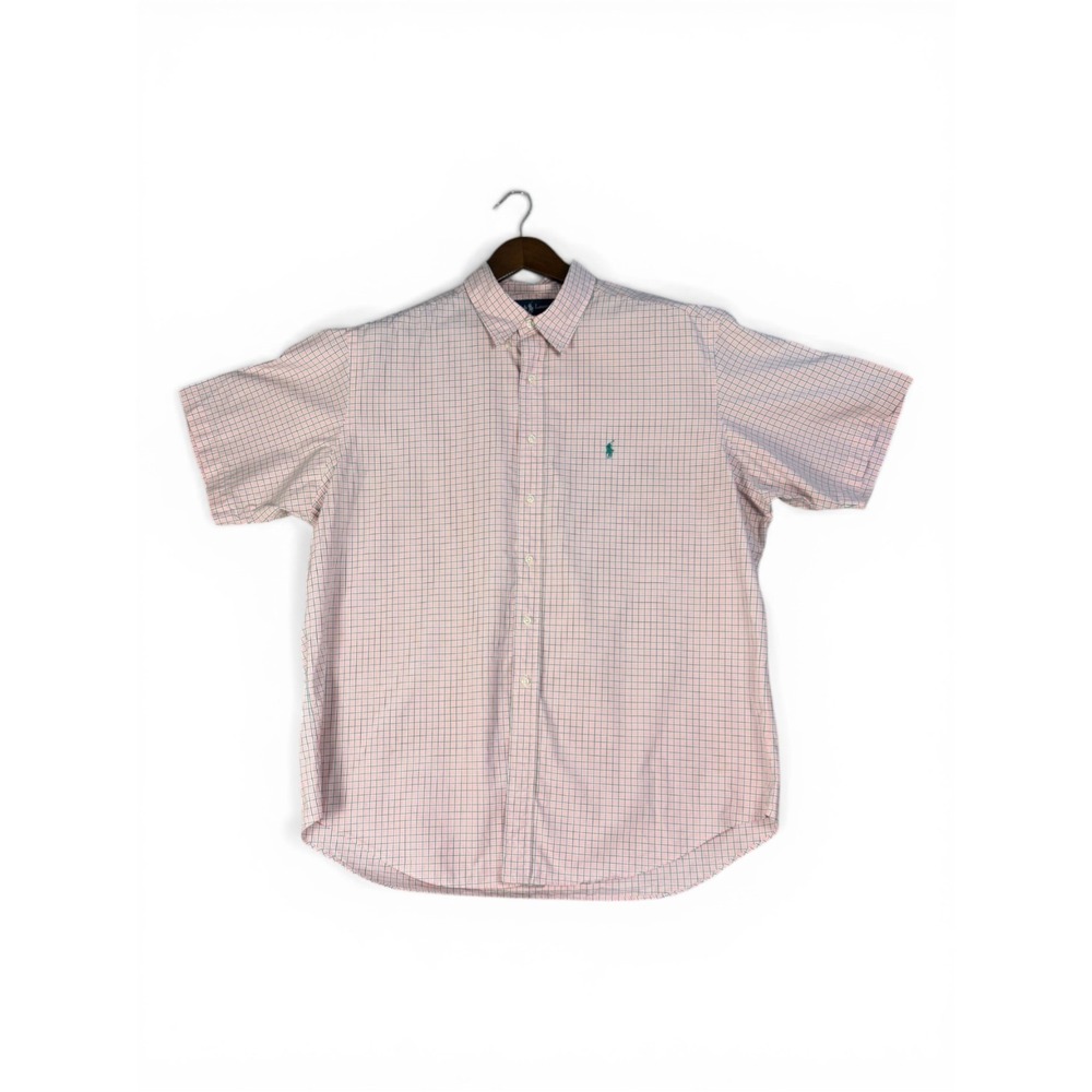 Ralph Lauren Polo Mens Medium Pink Plaid Shirt Button Up Missing Collar Button